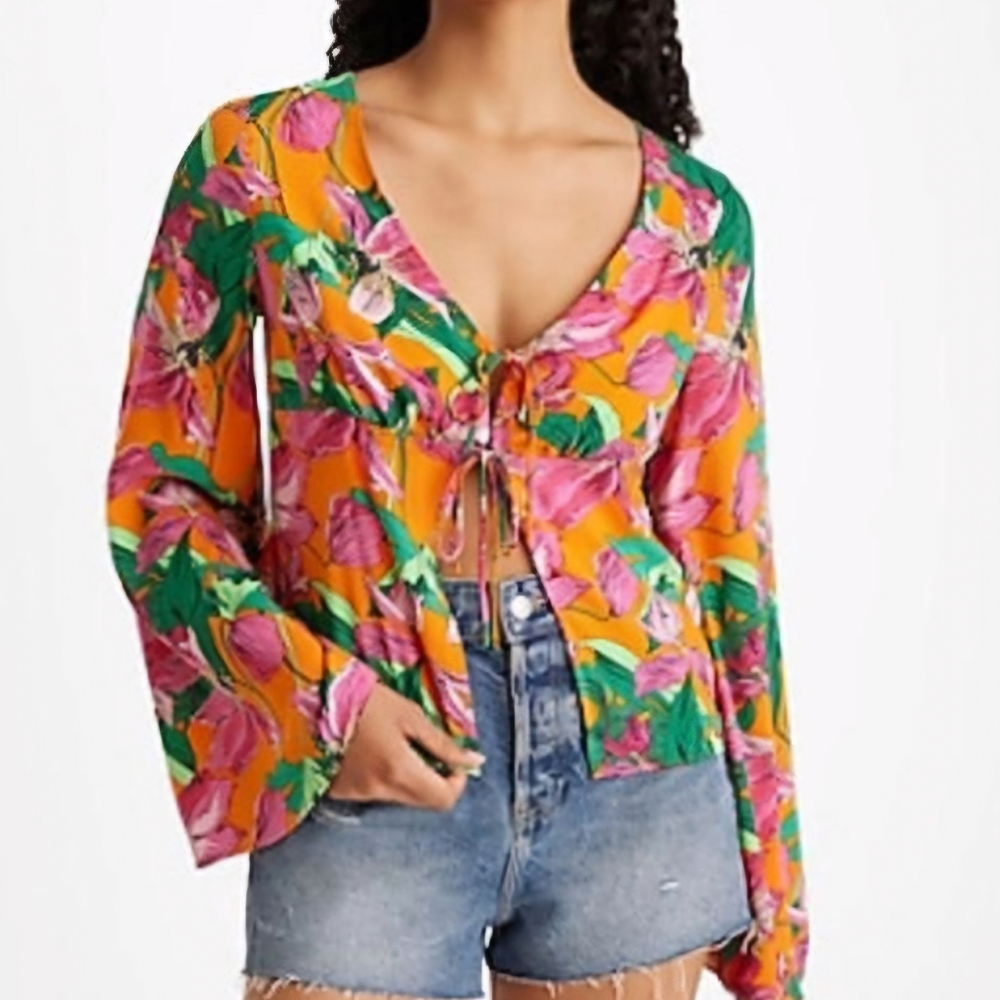 Express Floral V-Neck Kimono Sleeve Double Tie Front Top. Sizes M.